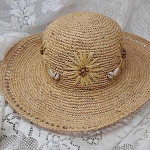 Scala Straw Sun Hat Beach Floppy Shells Wood Beads Summer One Size